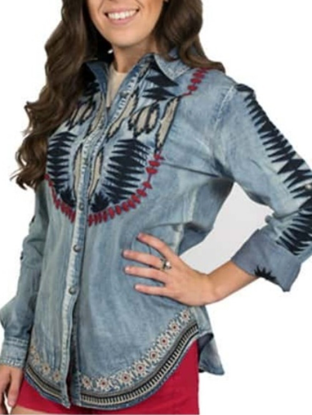 Tasha Polizzi Ava Denim Embroidered Southwestern Button Down Blouse Top Small